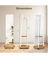 Gouun Freestanding Coat Rack with Full-Length Mirror, 3 Hooks and Storage Shelves on Wheels