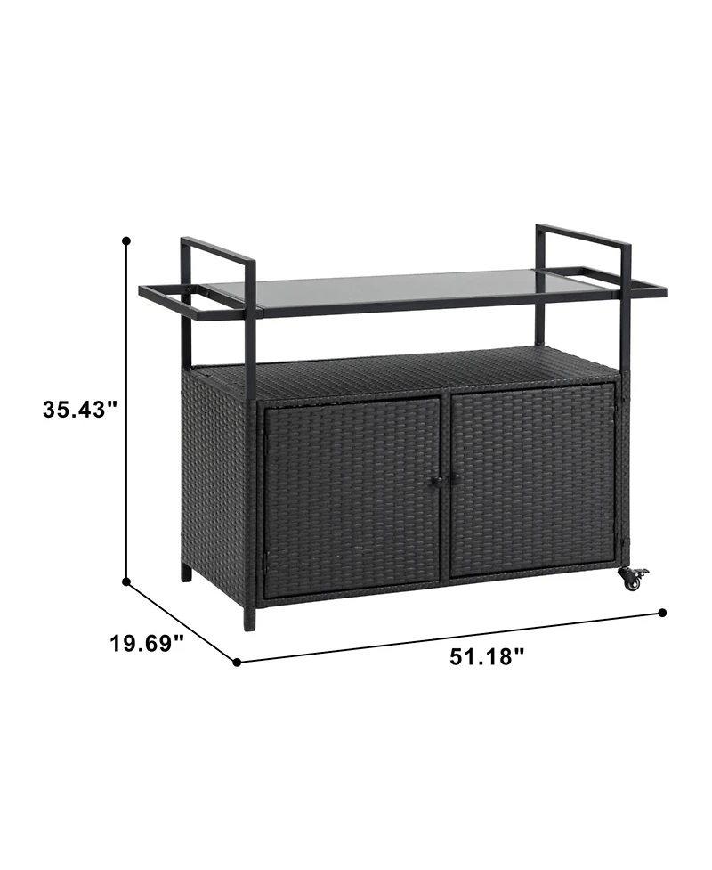 sumyeg Outdoor Wicker Bar Cart with Wheels, Rattan Beverage Serving Cart with Glass Top for Patio