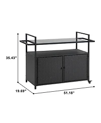 sumyeg Outdoor Wicker Bar Cart with Wheels, Rattan Beverage Serving Cart with Glass Top for Patio