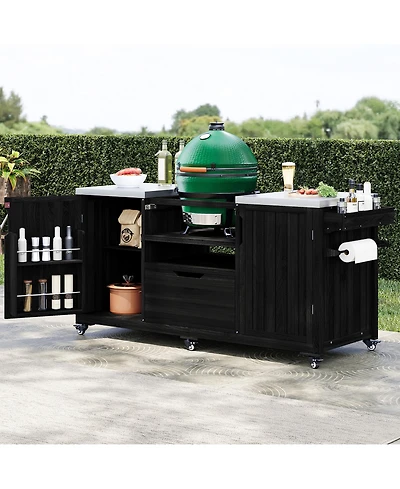 sumyeg 66.5inch Outdoor Kitchen Island for Big Egg Grills, Solid Wood Grill Cart with Stainless Steel Top, Drawer