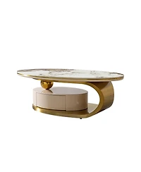 Streamdale Furniture Oval Coffee Table with Drawer, Sintered Stone Marble Top, Gold Stainless Steel Base