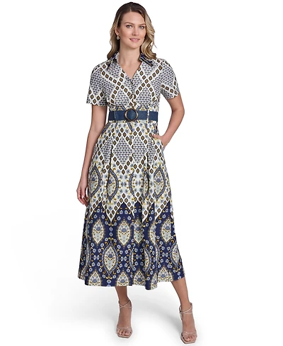Jessica Howard Women's Collared Short-Sleeve Belted Shirt Dress