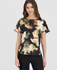 Anne Klein Womens Printed Boat Neck Short Sleeve Top