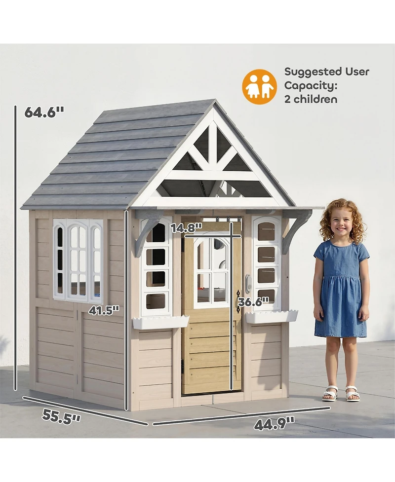 Qaba Outdoor Playhouse, Wooden Kids Playhouse with Dog Door, Cookware, Bell