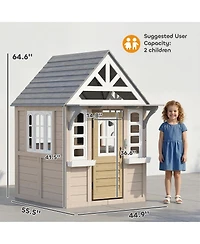 Qaba Outdoor Playhouse, Wooden Kids Playhouse with Dog Door, Cookware, Bell