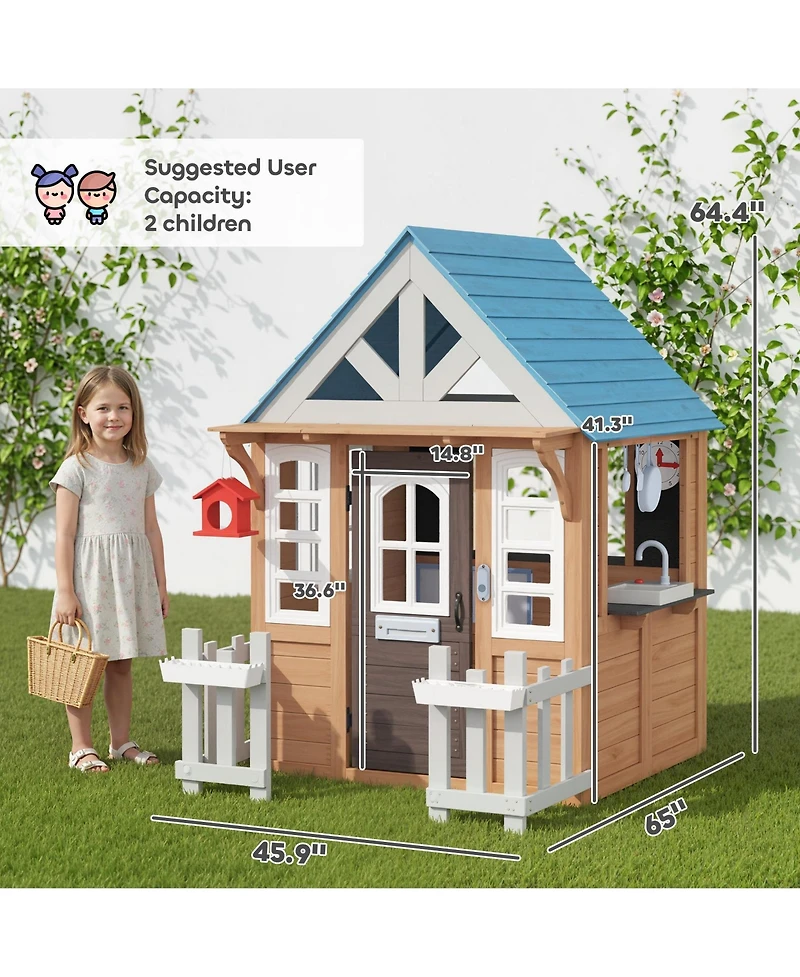 Qaba Outdoor Playhouse with Pet Door, Play Kitchen, Mailbox and Birdhouse