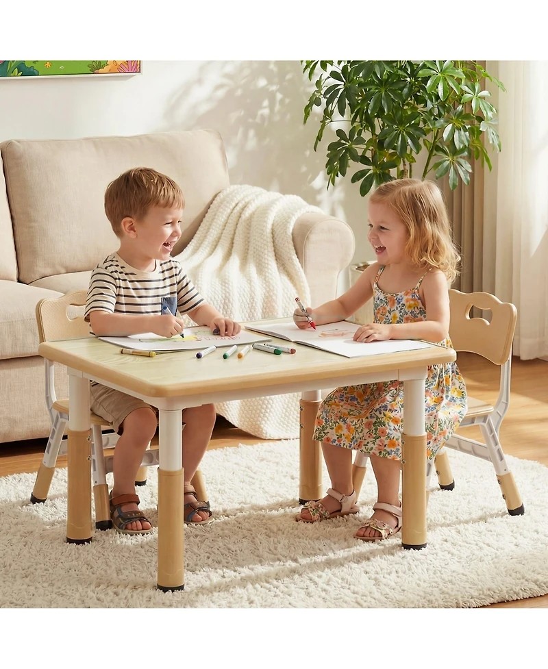 Kinder King Kids Height-Adjustable Table and 2 Chairs Set with 31.5''W Easy-Clean Top, Beige