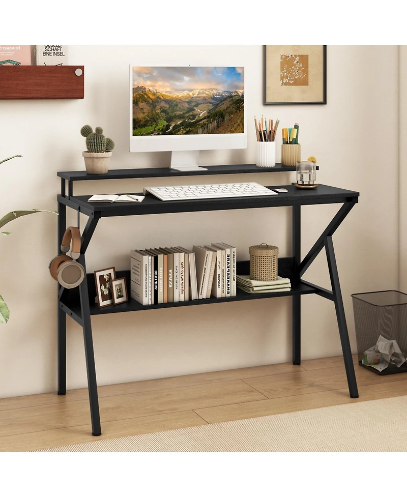 Sugift Space Saving Computer Desk with Monitor Stand and Extra Storage Shelf for Work Study-Black