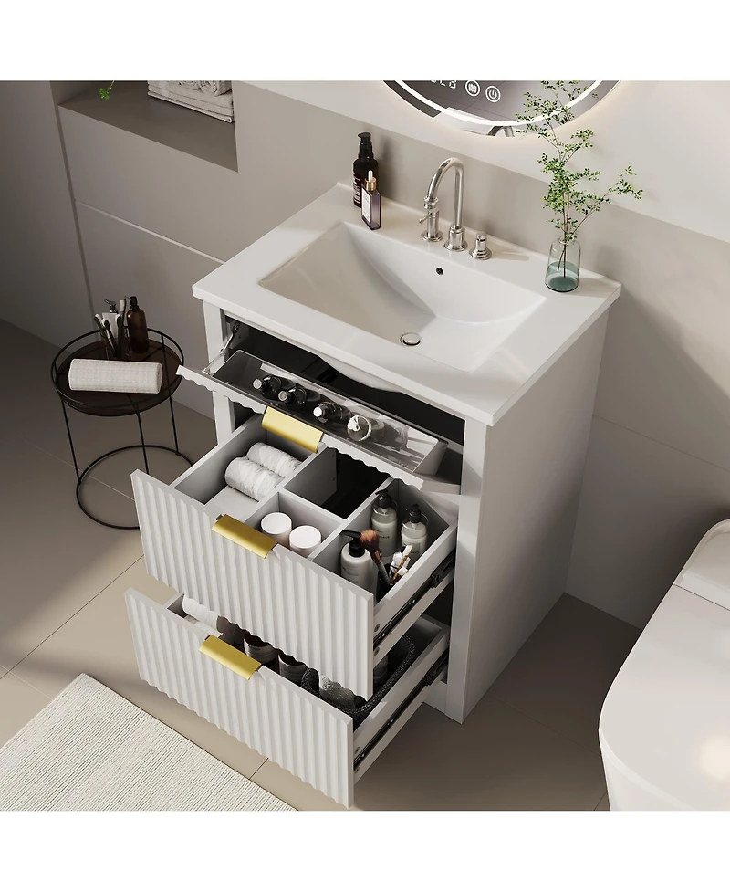 homfan Fluted Bathroom Vanity with Sink, Farmhouse Freestanding Cabinet 2 Drawers and Flip Down Drawer, Easy Assembly