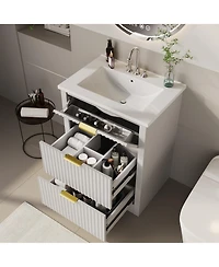 homfan Fluted Bathroom Vanity with Sink, Farmhouse Freestanding Cabinet 2 Drawers and Flip Down Drawer, Easy Assembly