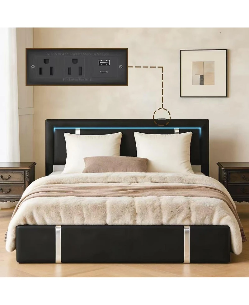 Streamdale Furniture Lift Storage Bed With Led Headboard, Usb-c, Hydraulic