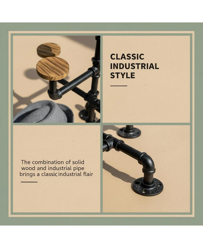 Yigii Hat Display Stand 8 Rustic Burnt Wood Hooks Metal Pipe Countertop for Hats Wigs