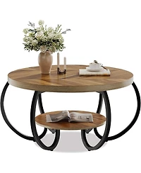gaomon 30" Round Farmhouse 2-Tier Wood Coffee Table with Storage Shelf and Curved Metal Legs.