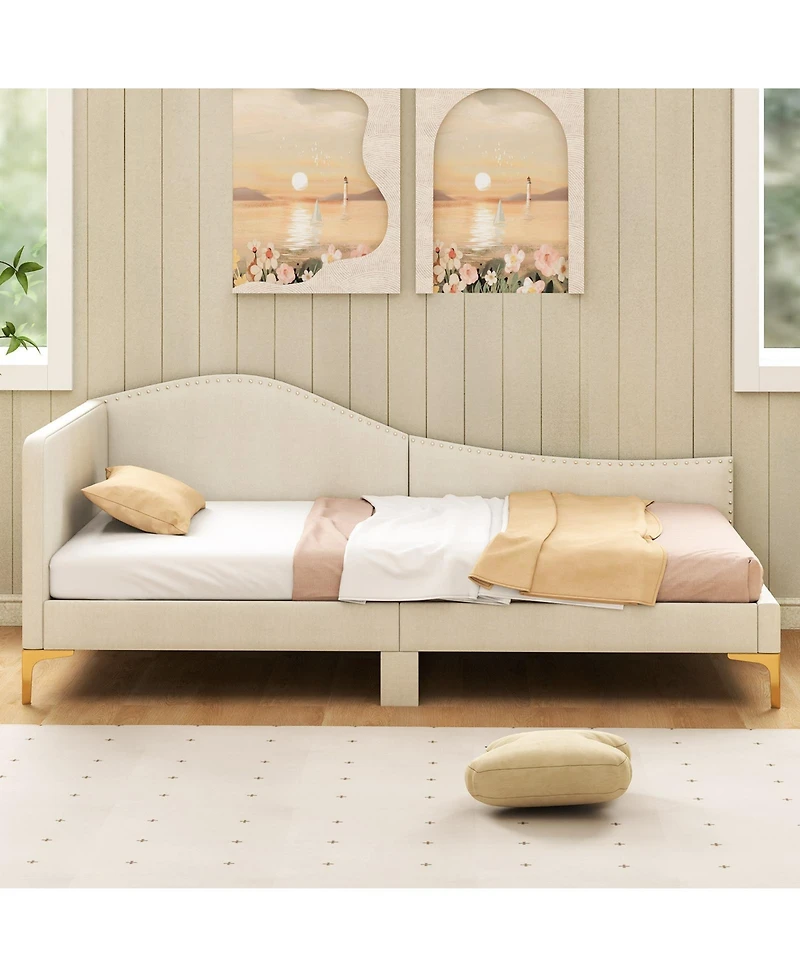 Sugift Upholstered Daybed with Metal Legs and Wood Slats