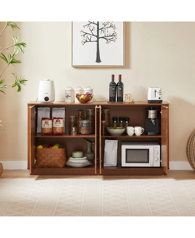 Rainsken Modern Vertical Stripe Buffet Cabinet, 4-Door Storage Sideboard with Curved Wave Detail and Gold Handles for Living Room