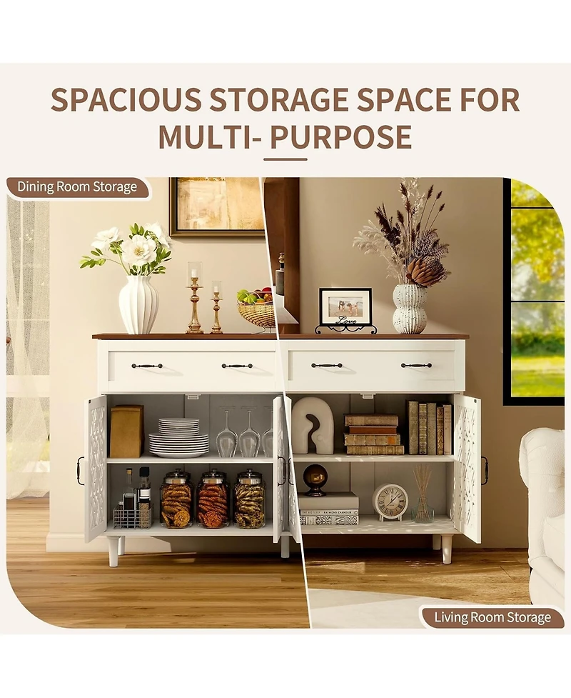 Rainsken Retro Storage Sideboard with Hand-Carved Openwork Doors, 2 Drawers and Metal Handles