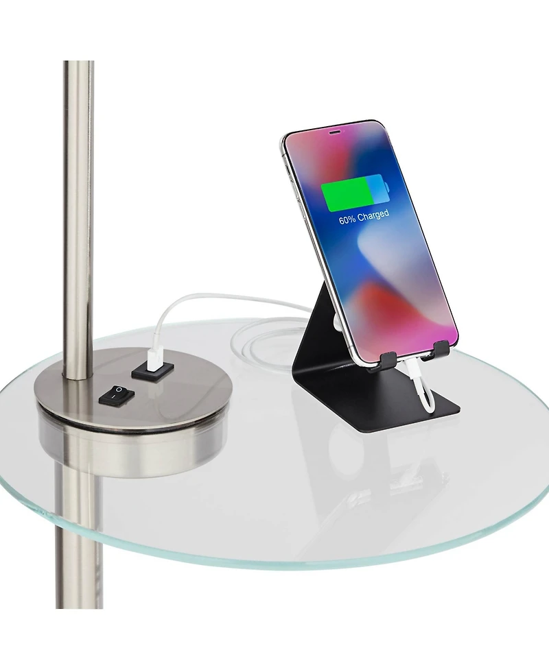 Possini Euro Design Vogue Modern Floor Lamps with Tray Tables 60" Tall Set of 2 Brushed Nickel Usb Charging Port Double Shade for Living Room Bed