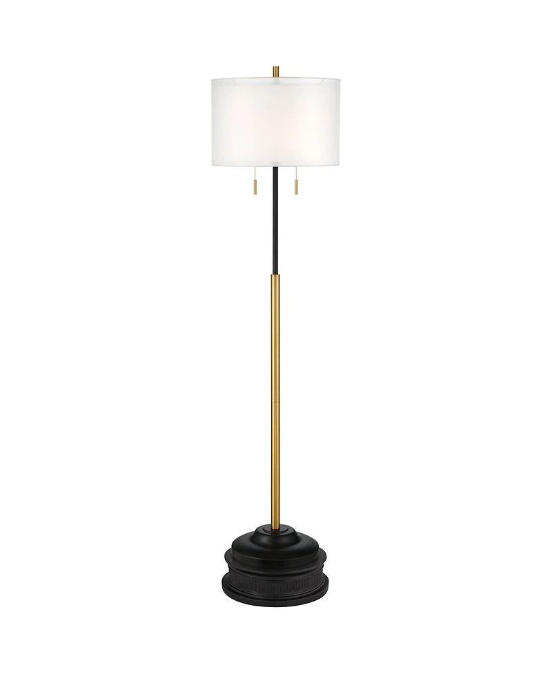 Possini Euro Design Roxie Modern Floor Lamp with Riser 65 1/2" Tall Brass Metal Sheer Linen Double Drum Shade for Living Room Bedroom Office