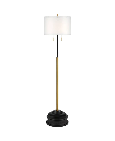 Possini Euro Design Roxie Modern Floor Lamp with Riser 65 1/2" Tall Brass Metal Sheer Linen Double Drum Shade for Living Room Bedroom Office