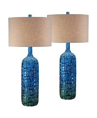 Possini Euro Design 36" Tall Large Mid Century Modern Farmhouse Rustic End Table Lamps Set of 2 Teal Ceramic Living Room