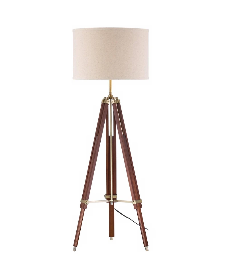 Possini Euro Design Serveyor Modern 57 1/2" Tall Tripod Floor Lamp Smart Socket Cherry Wood Brass Adjustable Shade for Living Room