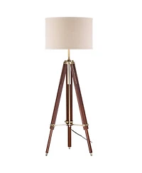 Possini Euro Design Serveyor Modern 57 1/2" Tall Tripod Floor Lamp Smart Socket Cherry Wood Brass Adjustable Shade for Living Room