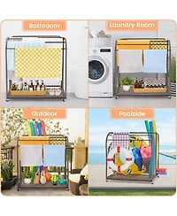 gaomon Outdoor Pool Towel Rack with 5 Bars, Durable Pe Rattan and Steel, Trapezoid Design, Caster Wheels, Versatile Storage