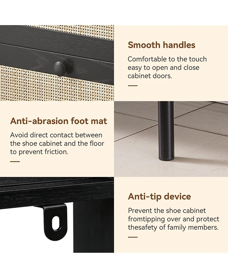Rainsken Freestanding Rattan Storage Cabinet, Slim Shoe Organizer Featuring 2 Flip Drawers and Sturdy Metal Legs for Entryway