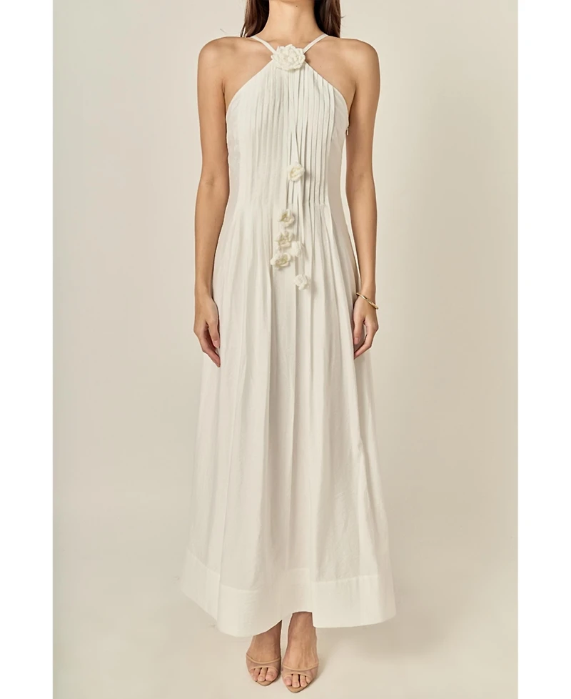 English Factory Women's Crochet Flower Trim Sheer Halter Maxi Dress