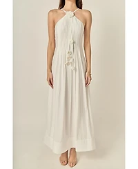 English Factory Women's Crochet Flower Trim Sheer Halter Maxi Dress