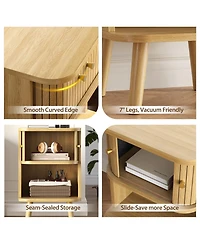 Yigii Set of 2 Fluted Nightstands Mid Century Modern Bedside Tables with Charging Station Storage Sliding Doors Open Shelf