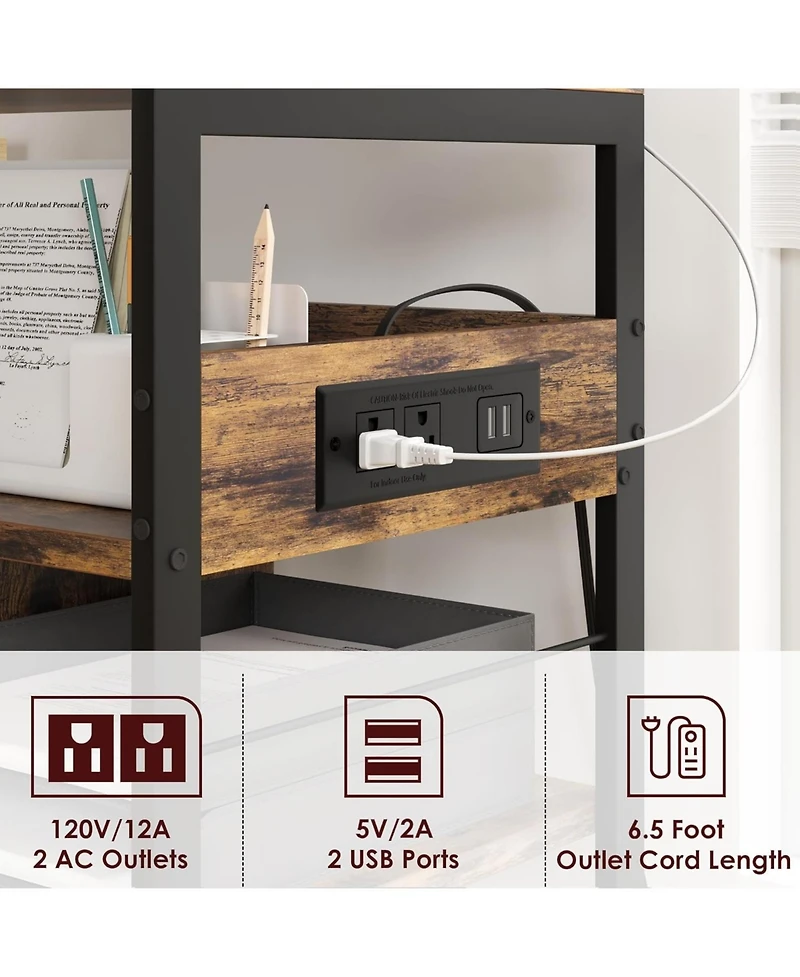 gaomon 3-Tier Mobile Printer Stand with Charging Station, Usb Ports, Storage Shelf, Under Desk Cart with Wheels for Living Room/Kitchen
