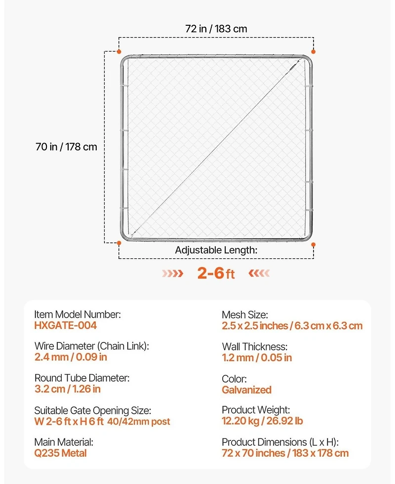 Sugift Chain Link Fence Gate, Adjustable Panel, Openings, Galvanized