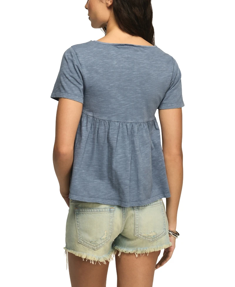 Lucky Brand Women's Short-Sleeve Embroidered Yoke Tassel Top
