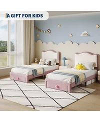 homfan Versatile Scallop Headboard Twin Bed Frame - Upholstered Platform with Storage Drawer Sturdy Wooden Slats Noise-Free Easy Assembly