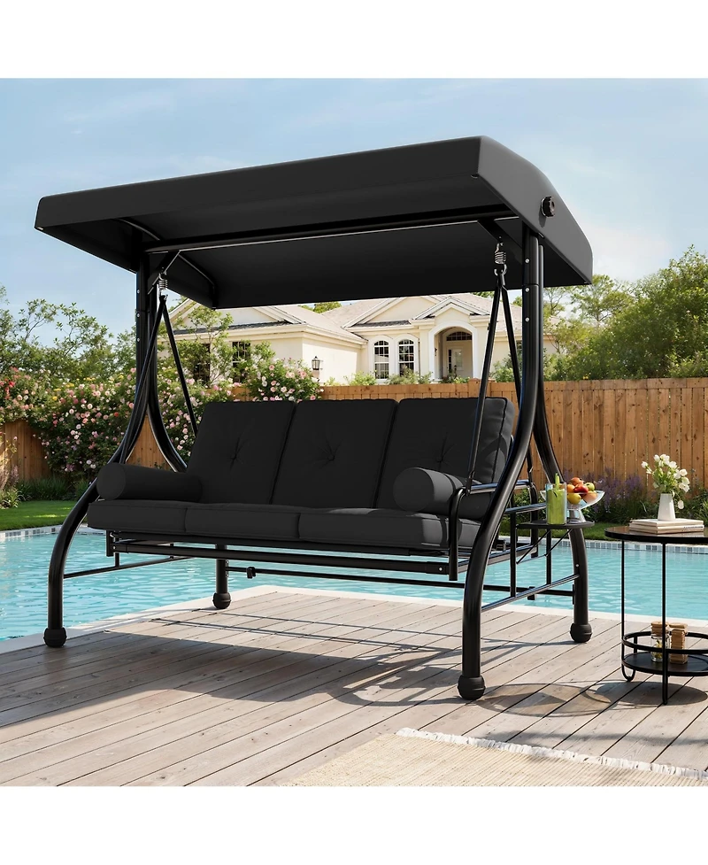 Homfan 3-seat porch swing with stand, adjustable canopy, 800 lb capacity, cup holder tray, cushions and pillows for outdoor patios.