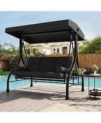 Homfan 3-seat porch swing with stand, adjustable canopy, 800 lb capacity, cup holder tray, cushions and pillows for outdoor patios.