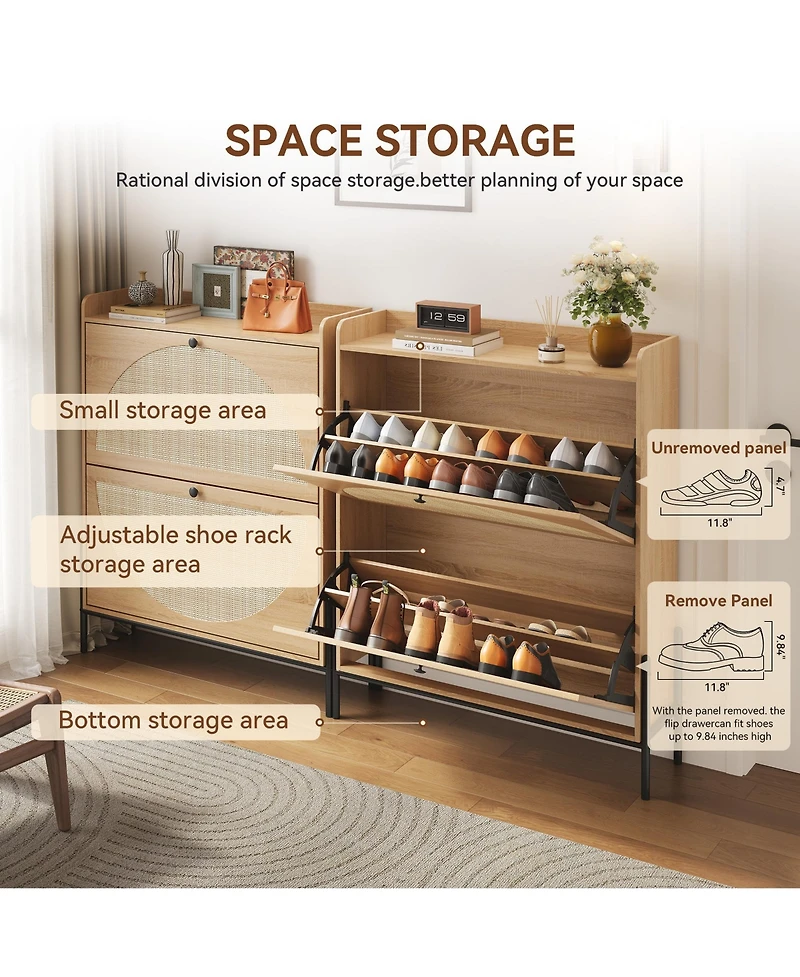 Rainsken Rattan Shoe Cabinet, Narrow Freestanding Storage Organizer with 2 Flip-Top Drawers and Metal Legs for Entryway