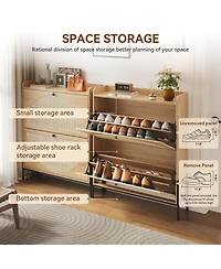 Rainsken Rattan Shoe Cabinet, Narrow Freestanding Storage Organizer with 2 Flip-Top Drawers and Metal Legs for Entryway