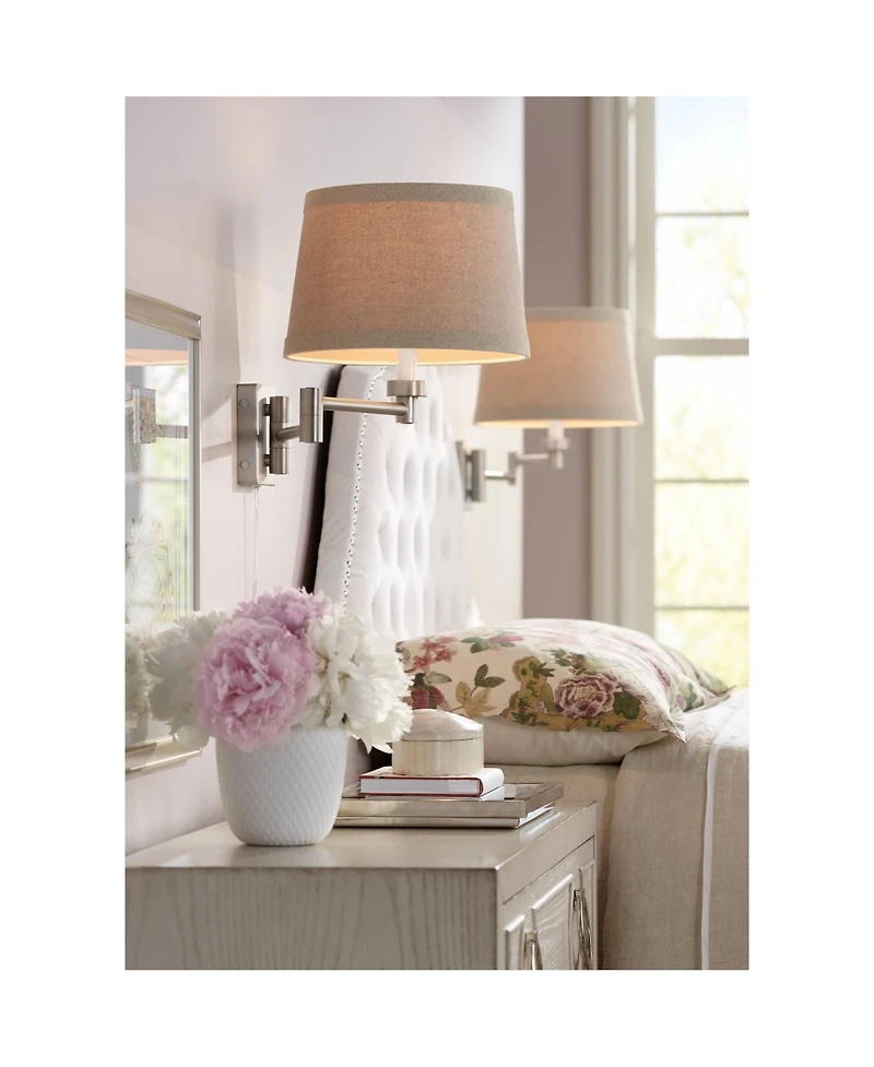 Possini Euro Design Modern Swing Arm Wall Lamp Brushed Nickel Plug-In Light Fixture Natural Linen Drum Shade for Bedroom Bedside