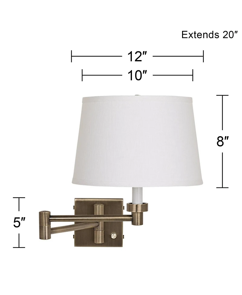 Barnes and Ivy Modern Swing Arm Wall Lamp Antique Brass Plug-In Light Fixture White Linen Drum Shade for Bedroom Bedside Reading