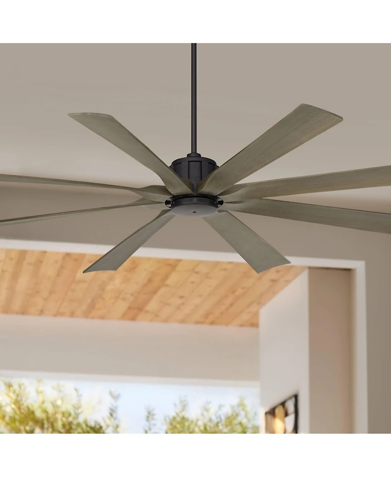 Possini Euro Design 70" Defender Industrial Rustic Indoor Outdoor Ceiling Fan Remote Matte Black Weathered Oak Damp Rated Patio