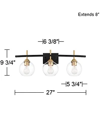 360 Lighting Modern Wall Light Sconce Black Gold Hardwire 27" 3-Light Fixture Clear Glass Globe for Bedroom Bathroom Vanity Home