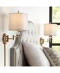 Possini Euro Design Kohle Modern Swing Arm Wall Lamps Set of 2 Polished Brass Plug-In Light Fixture White Drum Shade for Bedroom