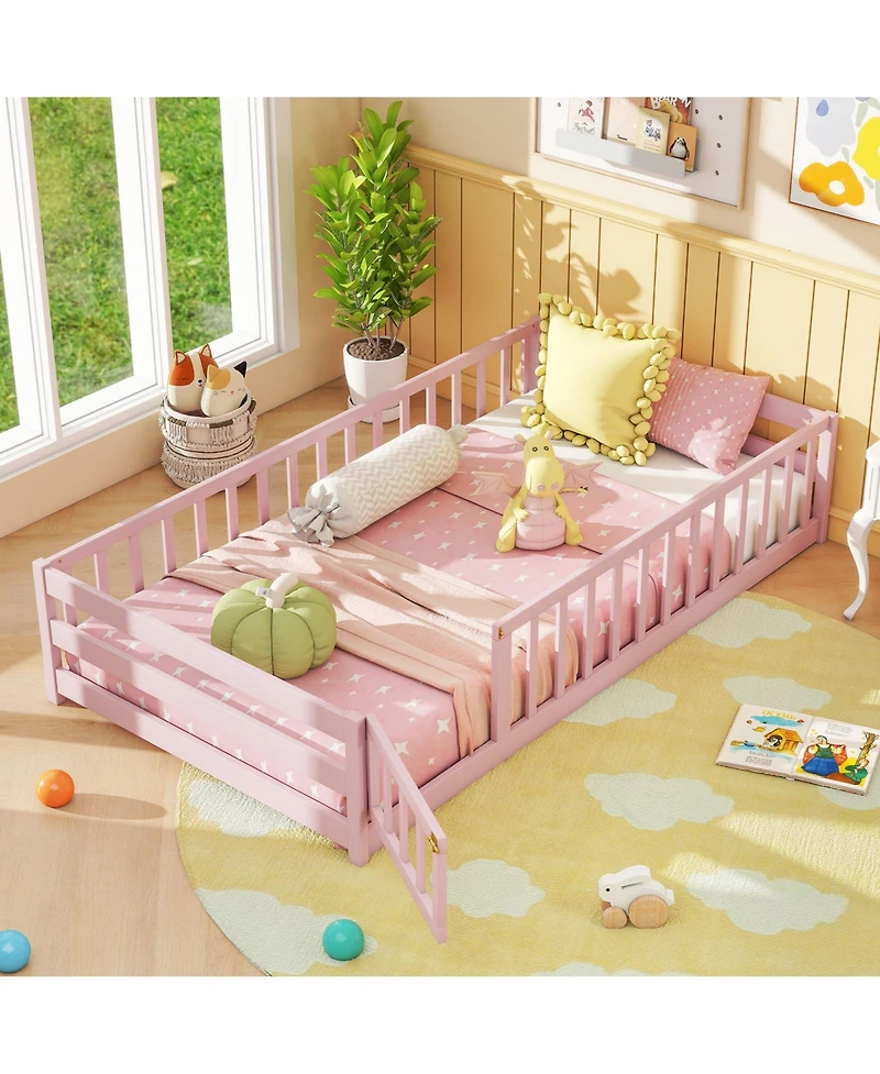 Gouun Twin Size Kids Montessori Floor Bed with Door and Protective Fence