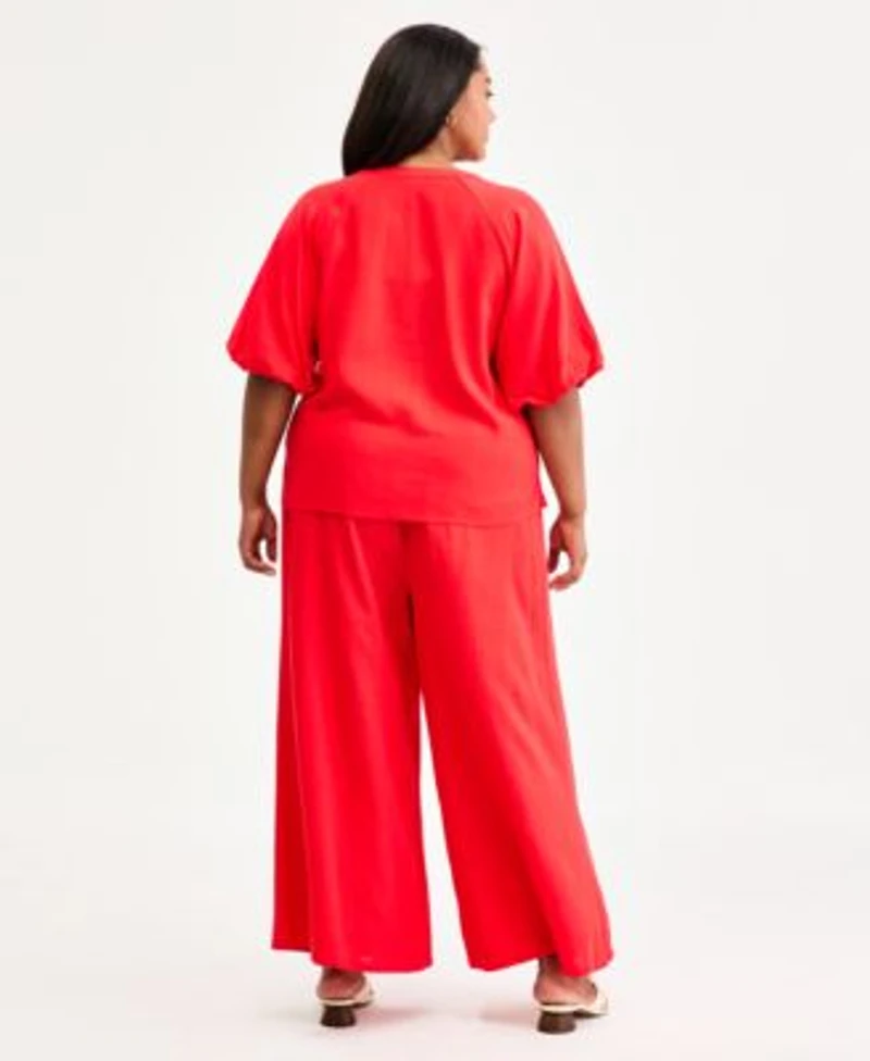 Vince Camuto Plus Size Split Neck Band Bubble Sleeve Blouse Cropped Wide Leg Pants