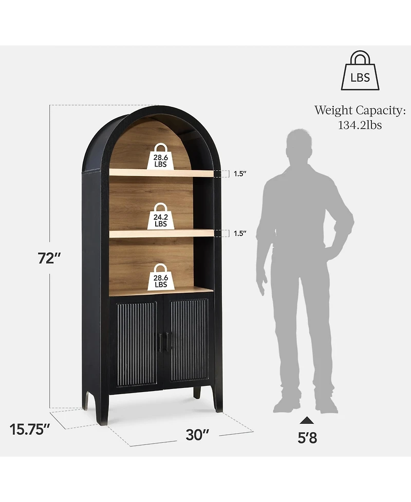 Yigii Arched Pantry Cabinet Reeded Doors 5-Tier Adjustable Shelves Storage for Kitchen Dining Living Room