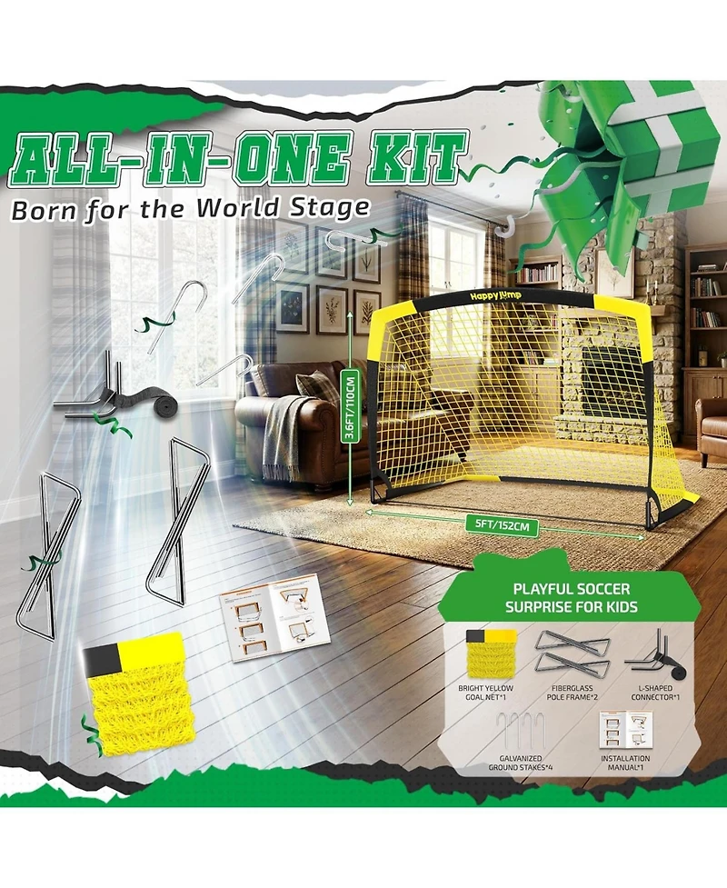 Happy Jump 7x5 Ft and 5x3.6 Ft Portable Soccer Goal for Youth Players Ages 6-14, Large-Frame Design Built for Long-Term Development, Easy Setup