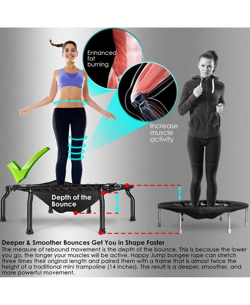 Happy Jump 50" Mini Fitness Trampoline Max. Load 250lbs Safe Silent Easy Installation