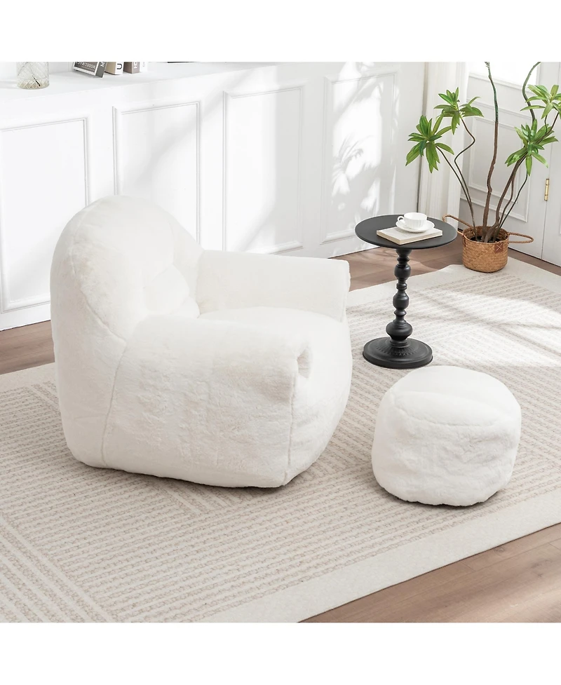 Clihome Comfy Bean Bag Sofa with Back Support and Footstool, Faux Fur Bean Bag Chair, Stuffed Floor Sofa